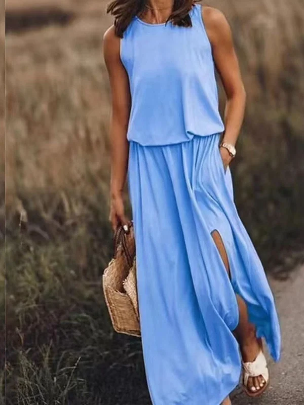 Women Plain Sleeveless Summer Split Joint Dress Crew Neck Daily Vintage Maxi Tank A-Line Dress