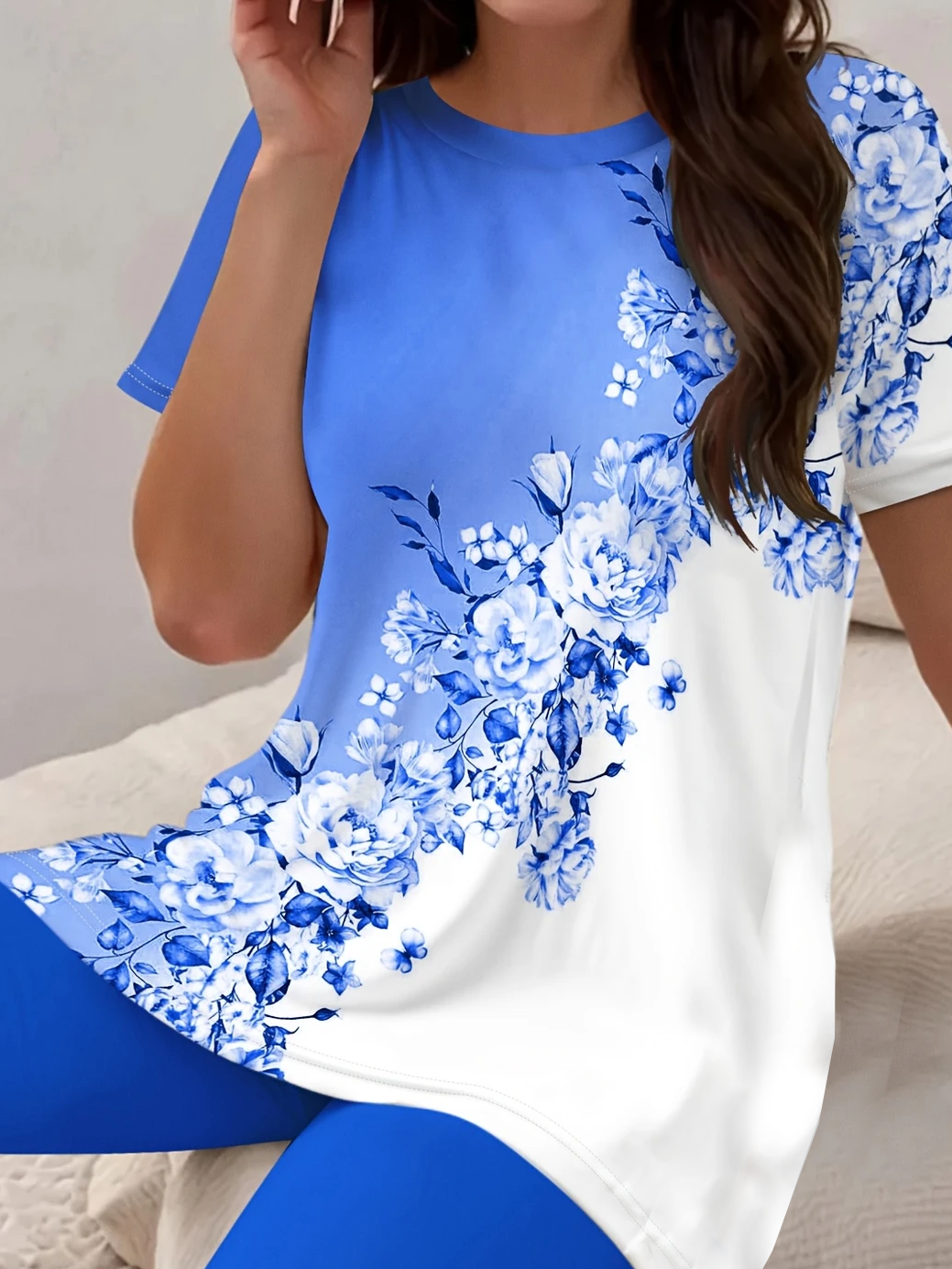 Women Floral Printing Two-Piece Set Daily Short Sleeve Casual Summer Top With Pants Matching Set