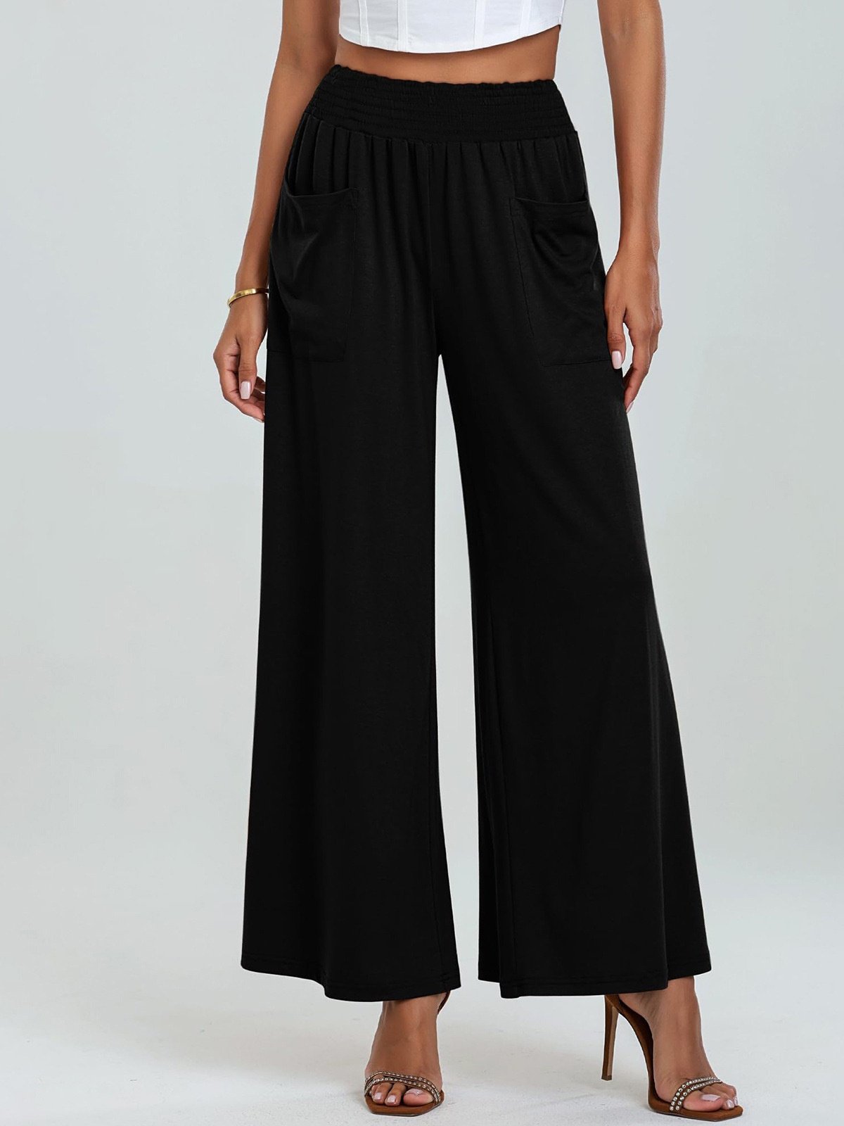 Women Plain Long Elastic Waist Pants Casual Spring/Fall Trousers
