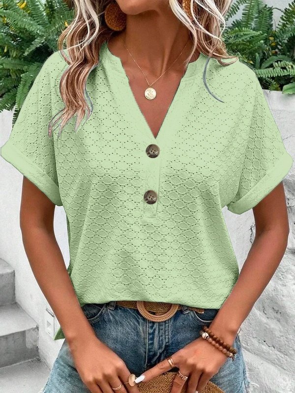 Women Plain Short Sleeve Tee T-shirt V Neck Hollow Out Casual Summer Top