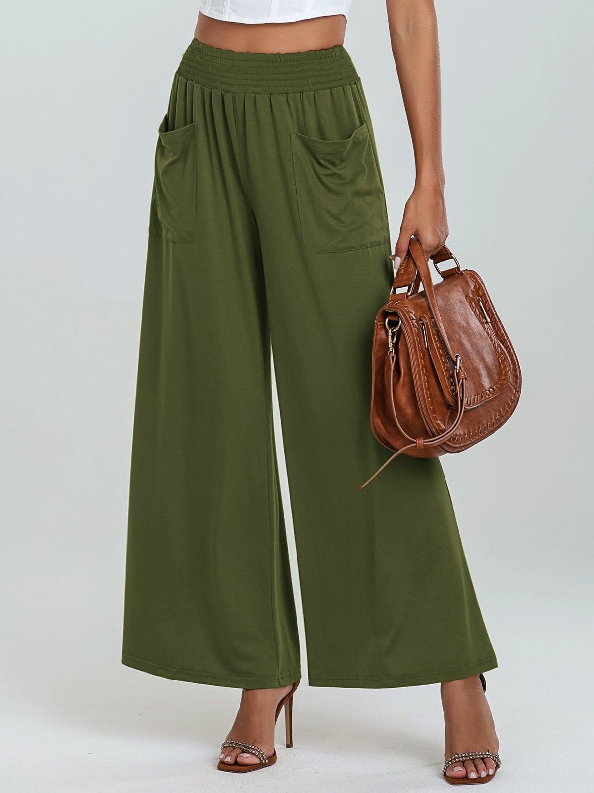 Women Plain Long Elastic Waist Pants Casual Spring/Fall Trousers