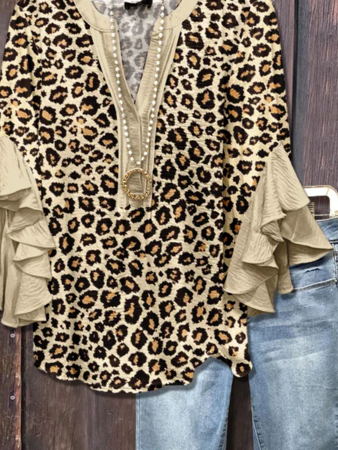 Women Leopard Half Sleeve Shirt Summer Printing V Neck Daily Casual Top