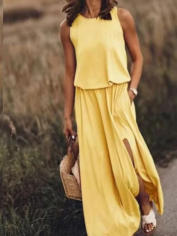 Women Plain Sleeveless Summer Split Joint Dress Crew Neck Daily Vintage Maxi Tank A-Line Dress