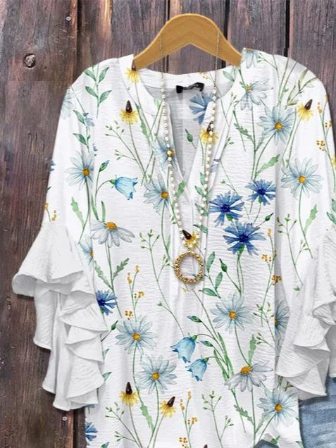 Women Floral Half Sleeve Shirt Summer Printing V Neck Daily Casual Top