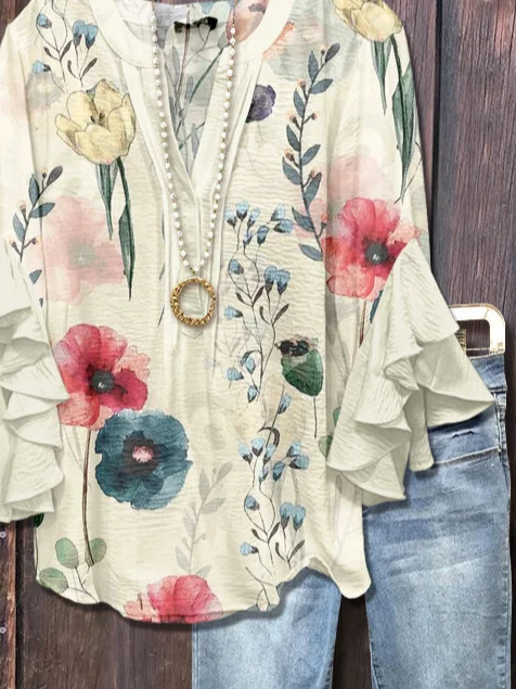 Women Floral Half Sleeve Shirt Summer Printing V Neck Daily Casual Top