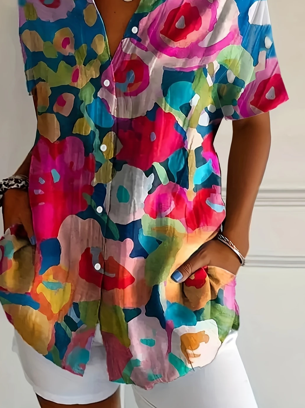 Women Floral Short Sleeve Shirt Summer Printing Shirt Collar Daily Casual Top