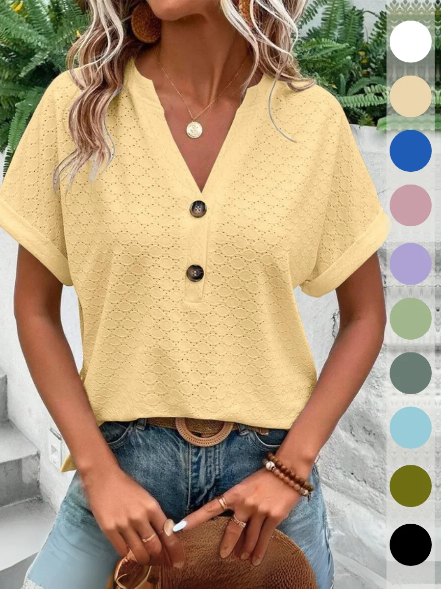 Women Plain Short Sleeve Tee T-shirt V Neck Hollow Out Casual Summer Top