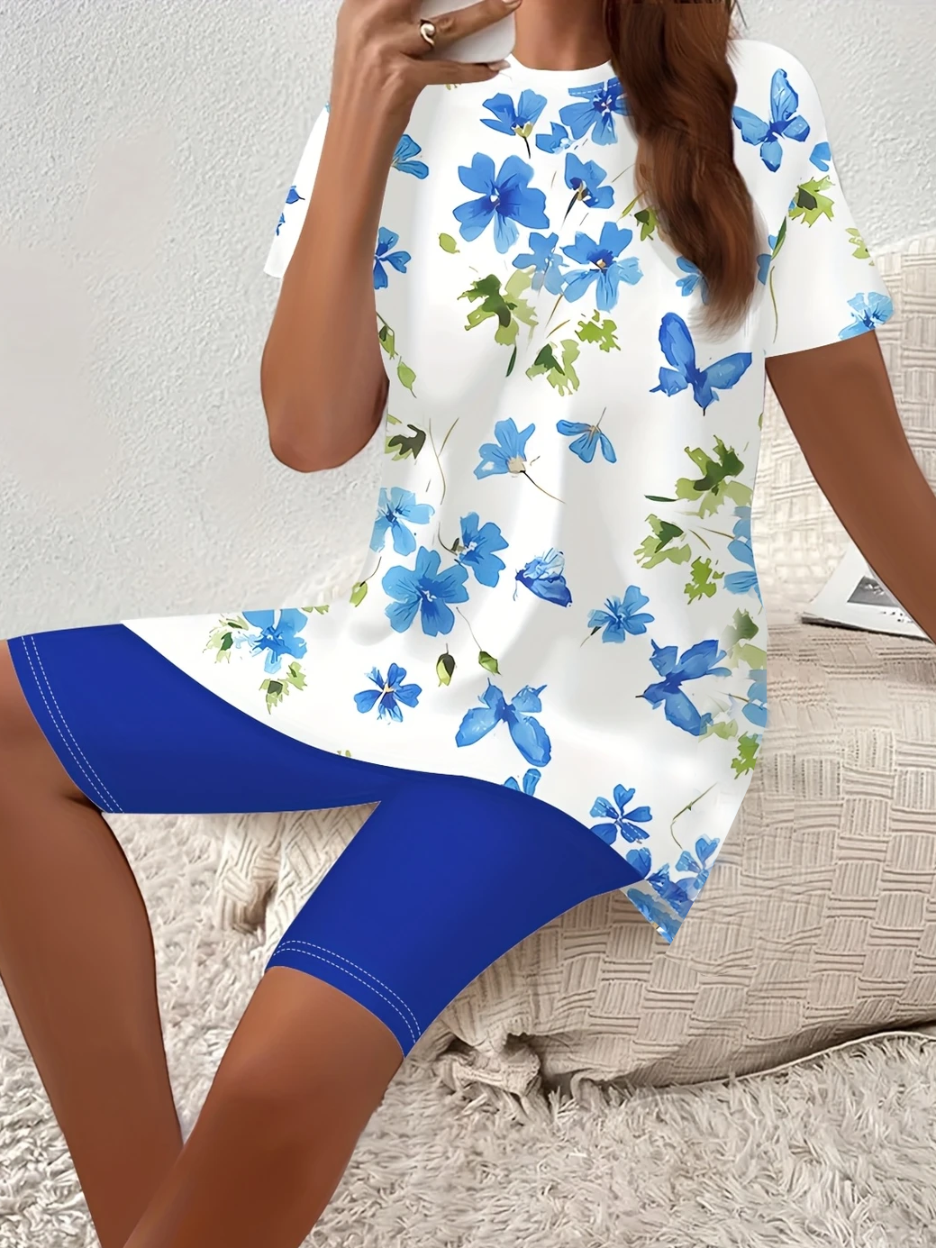Women Floral Printing Two-Piece Set Daily Short Sleeve Casual Summer Top With Pants Matching Set