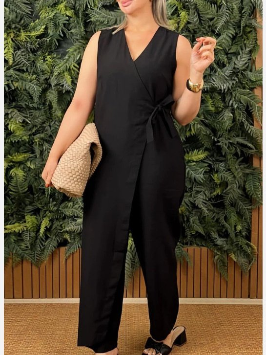 Women Plain V Neck Half Sleeve Casual Summer Cotton Jumpsuit