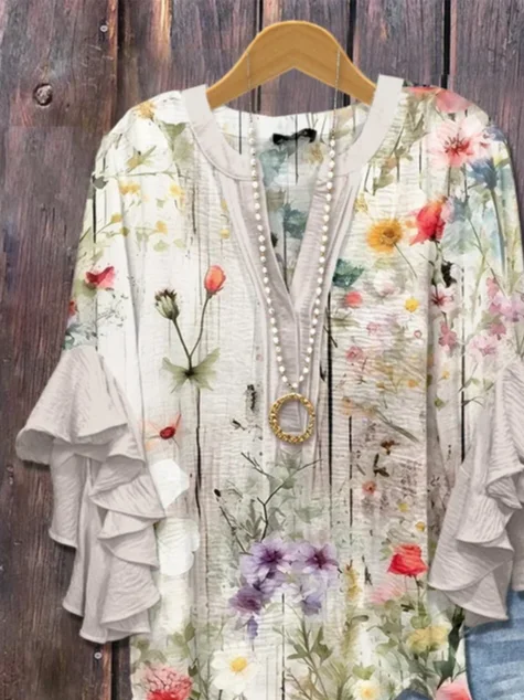 Women Floral Half Sleeve Shirt Summer Printing V Neck Daily Casual Top