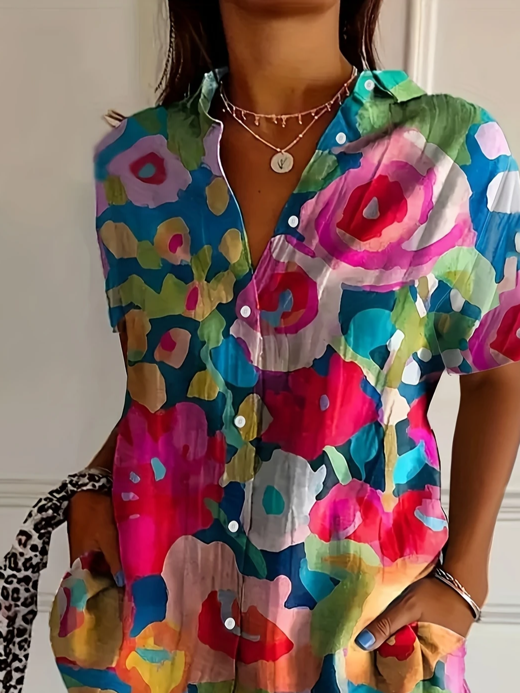 Women Floral Short Sleeve Shirt Summer Printing Shirt Collar Daily Casual Top