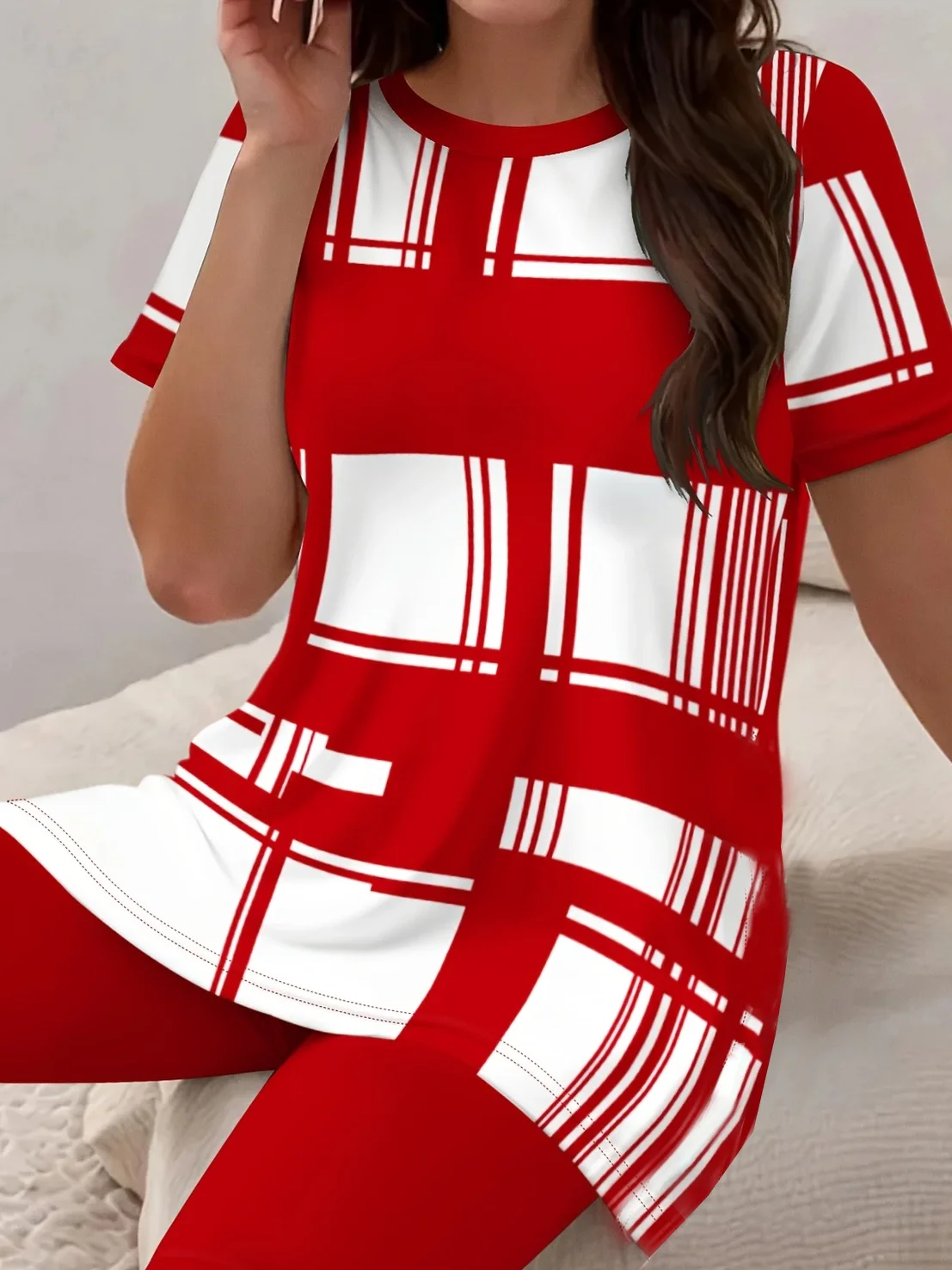 Women Abstract Printing Two-Piece Set Daily Short Sleeve Casual Summer Top With Pants Matching Set