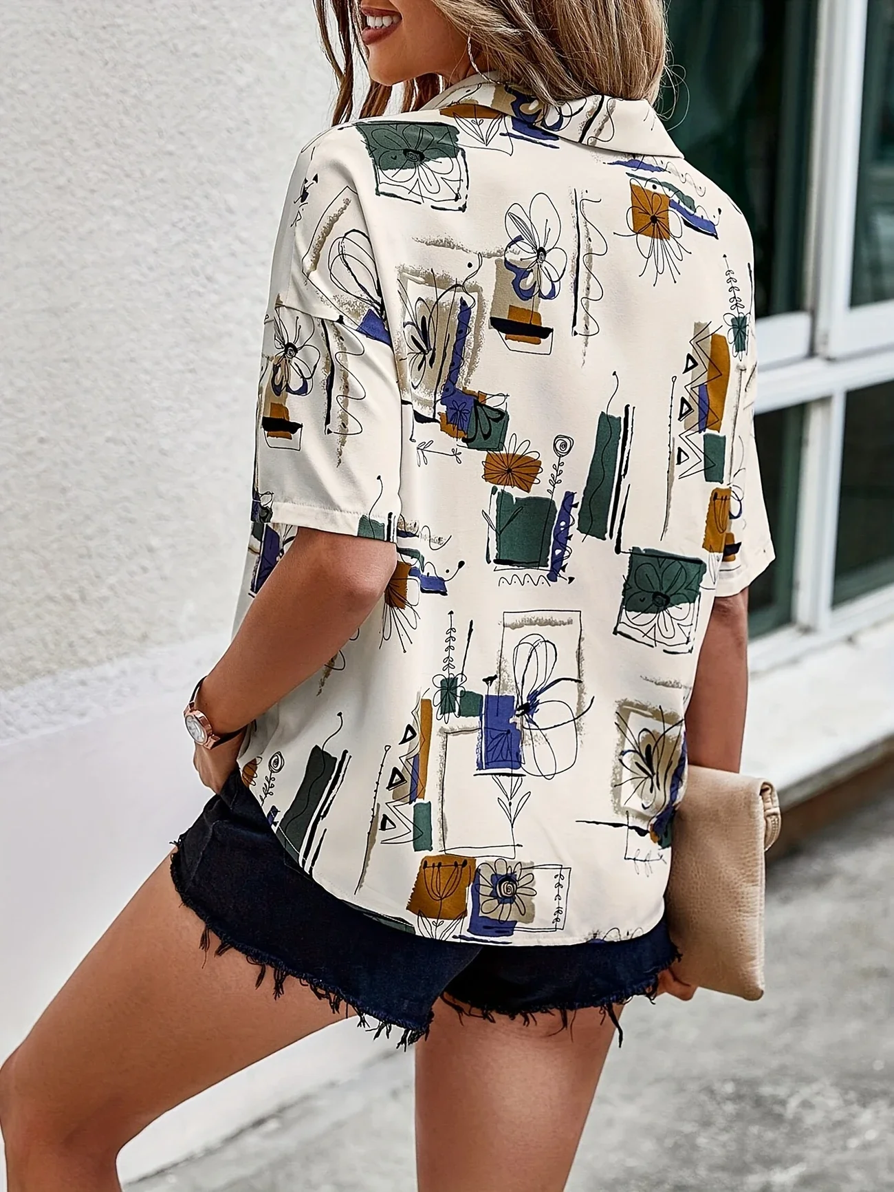 Women Abstract Short Sleeve Shirt Summer Printing Shirt Collar Daily Casual Top