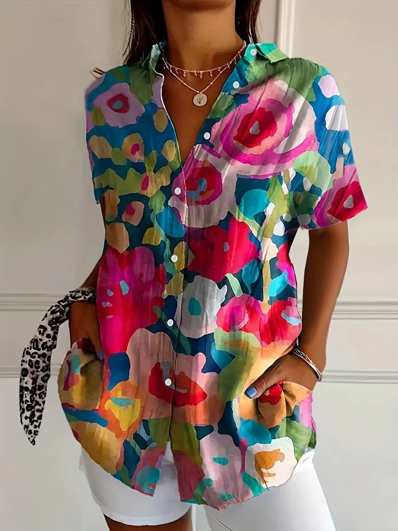 Women Floral Short Sleeve Shirt Summer Printing Shirt Collar Daily Casual Top