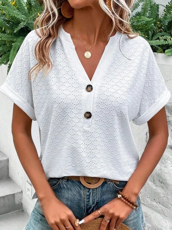 Women Plain Short Sleeve Tee T-shirt V Neck Hollow Out Casual Summer Top
