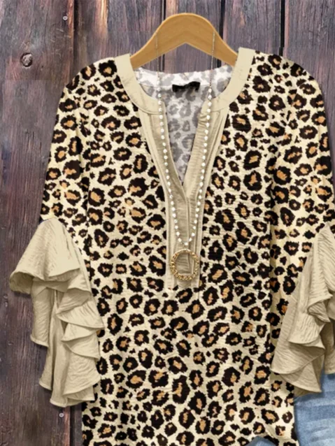 Women Leopard Half Sleeve Shirt Summer Printing V Neck Daily Casual Top