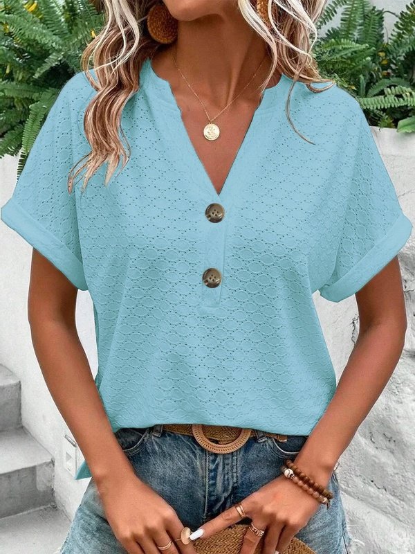 Women Plain Short Sleeve Tee T-shirt V Neck Hollow Out Casual Summer Top