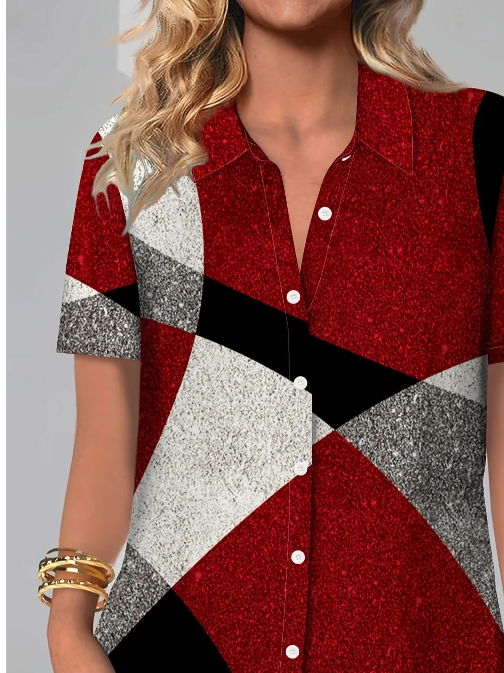 Women Geometric Short Sleeve Shirt Summer Printing Shirt Collar Daily Casual Top