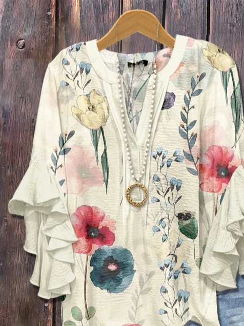 Women Floral Half Sleeve Shirt Summer Printing V Neck Daily Casual Top
