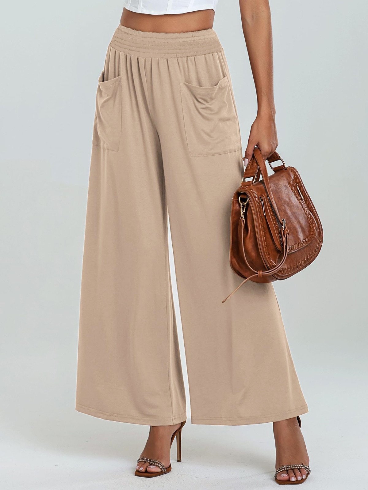 Women Plain Long Elastic Waist Pants Casual Spring/Fall Trousers