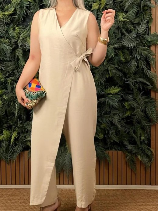 Women Plain V Neck Half Sleeve Casual Summer Cotton Jumpsuit
