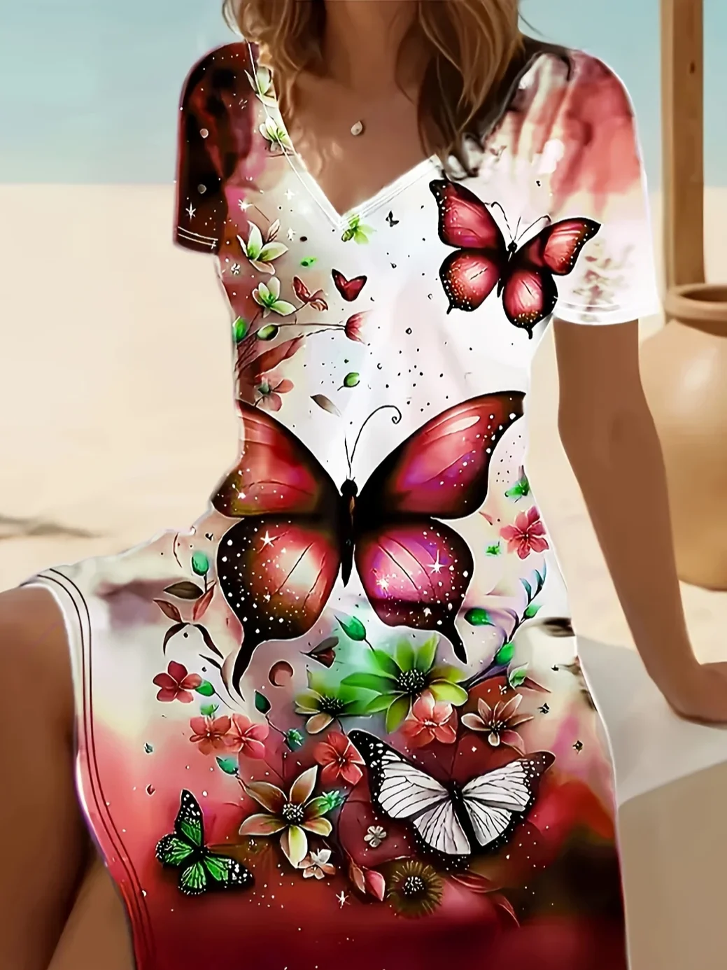 Women Floral Short Sleeve Summer Printing Dress V Neck Daily Casual Midi Fit & Flare Dress A-Line Dress