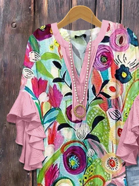 Women Floral Half Sleeve Shirt Summer Printing V Neck Daily Casual Top