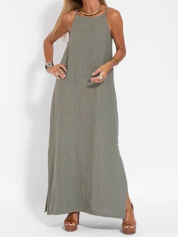 Women Plain Sleeveless Summer Split Joint Dress Crew Neck Daily Vintage Maxi Tank A-Line Dress
