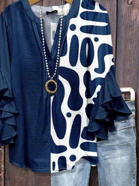 Women Abstract Half Sleeve Shirt Summer Printing V Neck Daily Casual Top