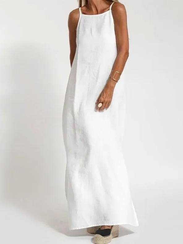 Women Plain Sleeveless Summer Split Joint Dress Crew Neck Daily Vintage Maxi Tank A-Line Dress