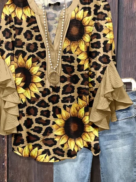 Women Leopard Half Sleeve Shirt Summer Printing V Neck Daily Casual Top
