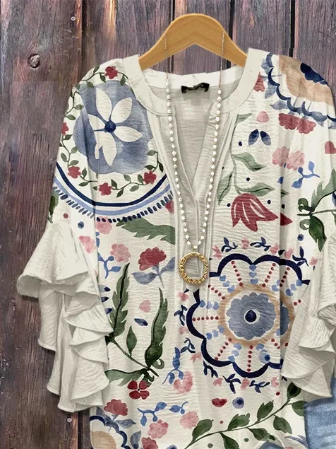 Women Floral Half Sleeve Shirt Summer Printing V Neck Daily Casual Top