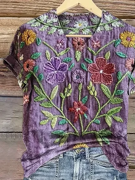 Women Floral Short Sleeve Tee T-shirt V Neck Printing Casual Summer Graphic Tee Top