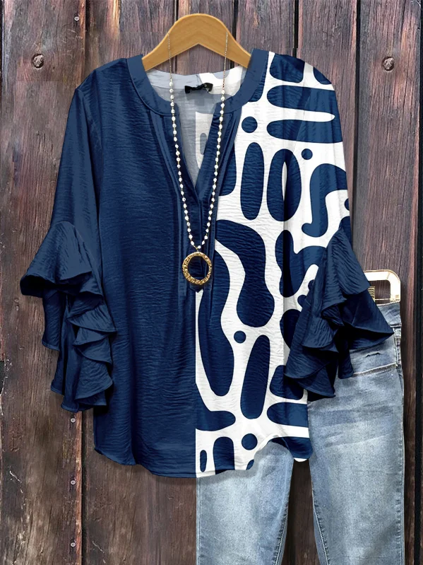 Women Abstract Half Sleeve Shirt Summer Printing V Neck Daily Casual Top