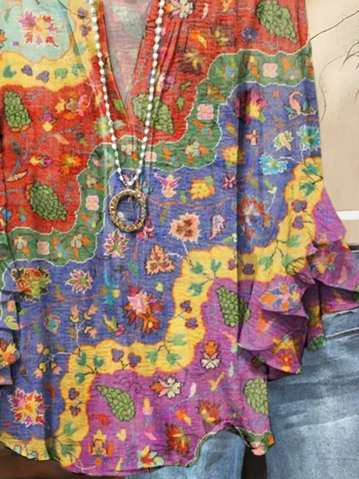 Women Floral Half Sleeve Shirt Summer Printing V Neck Daily Casual Top