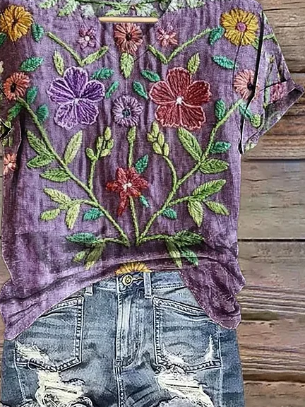 Women Floral Short Sleeve Tee T-shirt V Neck Printing Casual Summer Graphic Tee Top