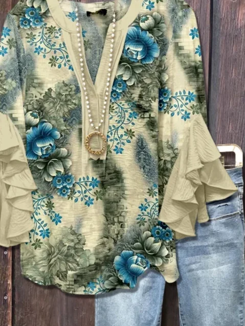 Women Floral Half Sleeve Shirt Summer Printing V Neck Daily Casual Top