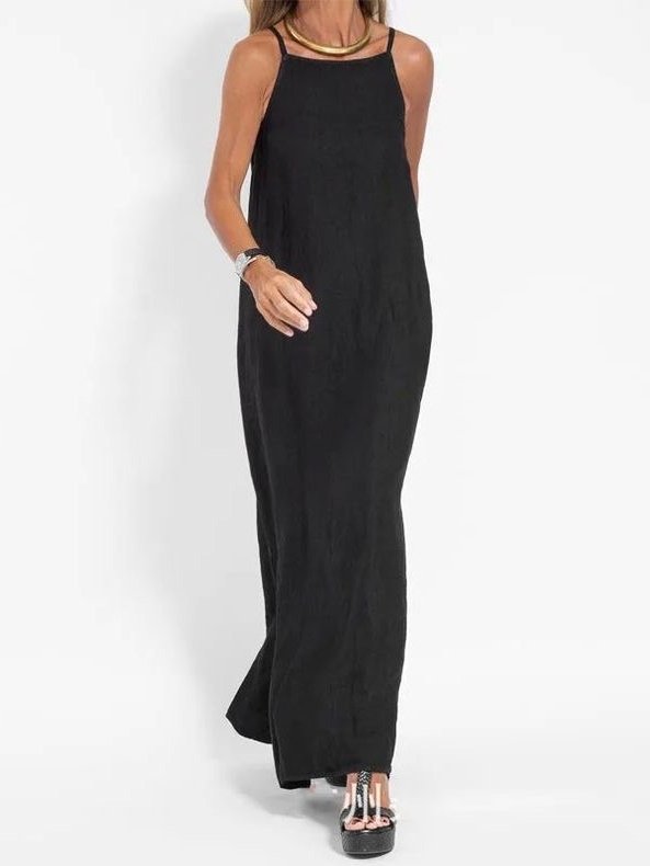 Women Plain Sleeveless Summer Split Joint Dress Crew Neck Daily Vintage Maxi Tank A-Line Dress