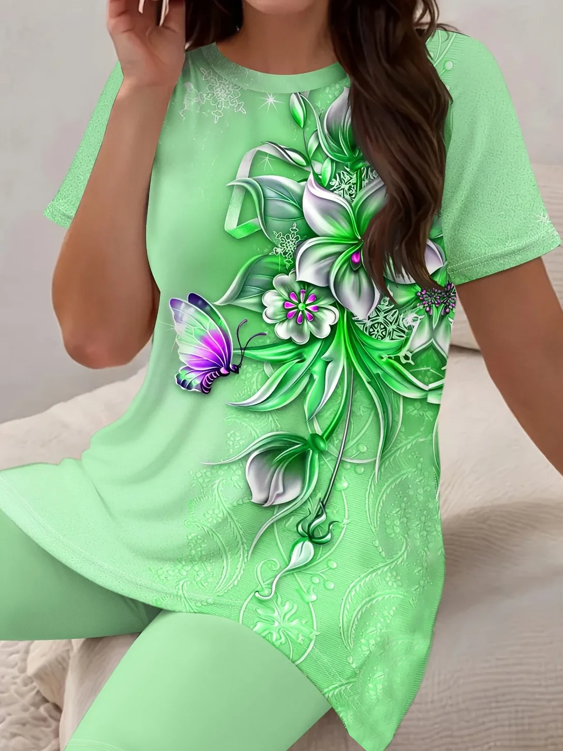 Women Floral Printing Two-Piece Set Daily Short Sleeve Casual Summer Top With Pants Matching Set