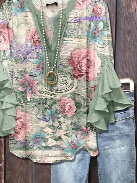 Women Floral Half Sleeve Shirt Summer Printing V Neck Daily Casual Top