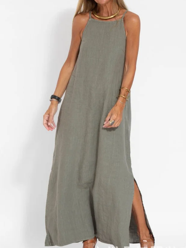Women Plain Sleeveless Summer Split Joint Dress Crew Neck Daily Vintage Maxi Tank A-Line Dress