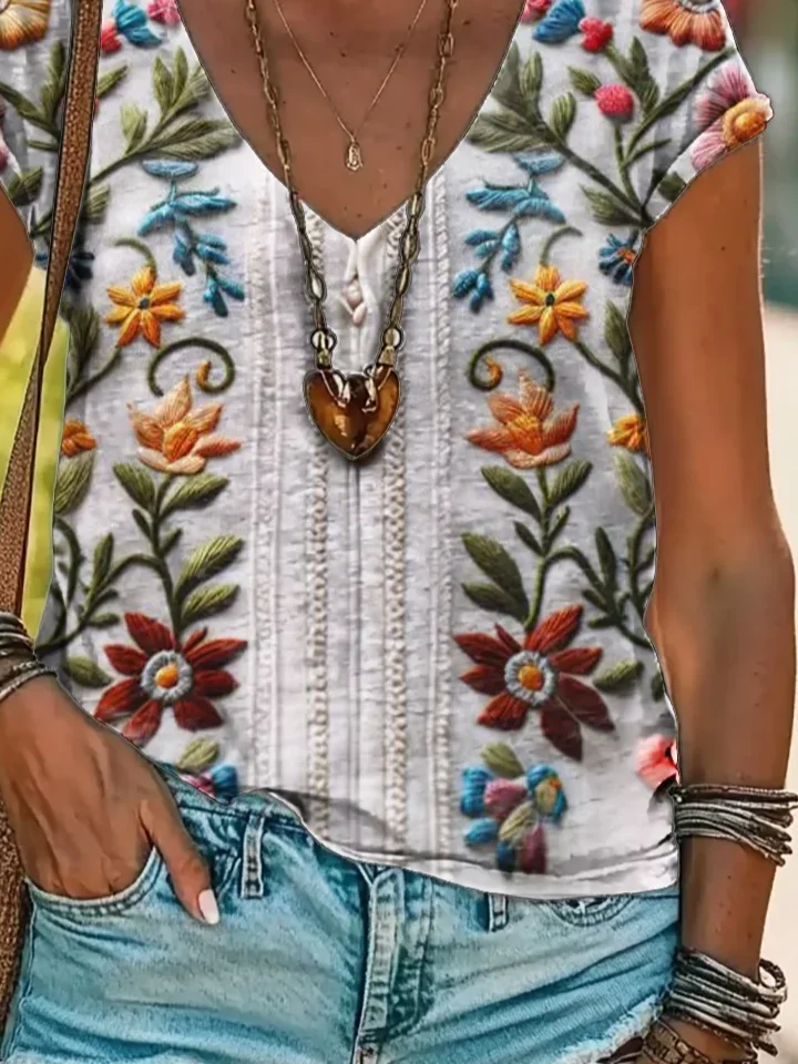 Women Floral Short Sleeve Tee T-shirt V Neck Printing Casual Summer Graphic Tee Top
