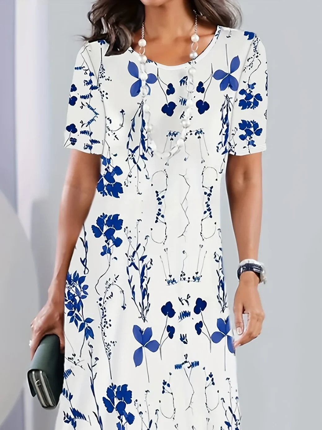 Women Floral Short Sleeve Summer Printing Dress Crew Neck Daily Vintage Midi Tunic H-Line Dress