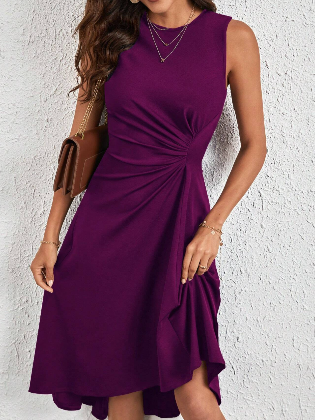 Women Plain Sleeveless Summer Split Joint Dress Crew Neck Daily Vintage Midi Tank A-Line Dress