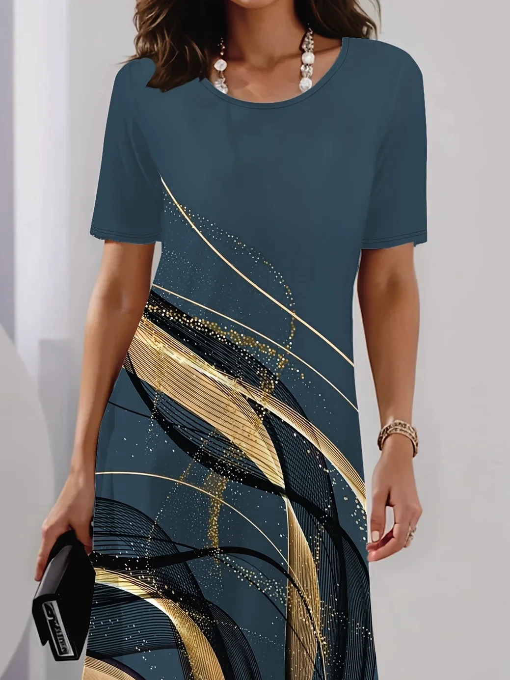 Women Abstract Short Sleeve Summer Printing Dress Crew Neck Daily Vintage Midi Tunic H-Line Dress