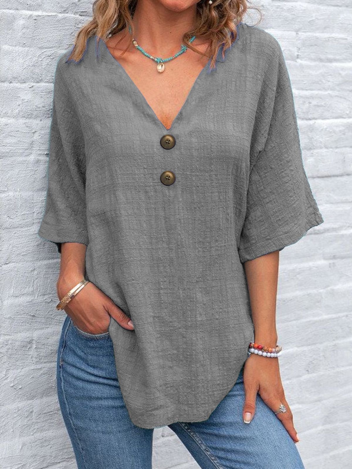 Women Plain Half Sleeve Blouse Summer V Neck Daily Vintage Top