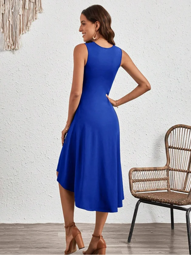 Women Plain Sleeveless Summer Split Joint Dress Crew Neck Daily Vintage Midi Tank A-Line Dress