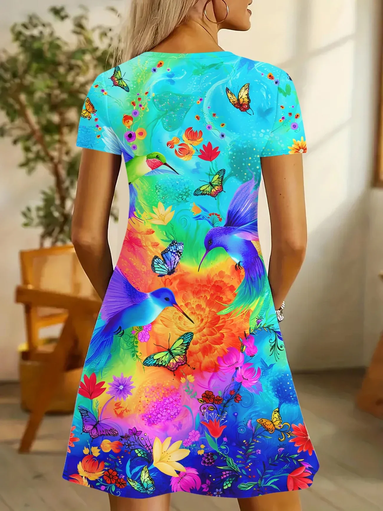 Women Floral Short Sleeve Summer Dress V Neck Daily Casual Midi Fit & Flare Dress A-Line Dress