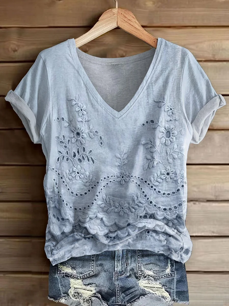 Women Floral Short Sleeve Tee T-shirt V Neck Printing Casual Summer Graphic Tee Top
