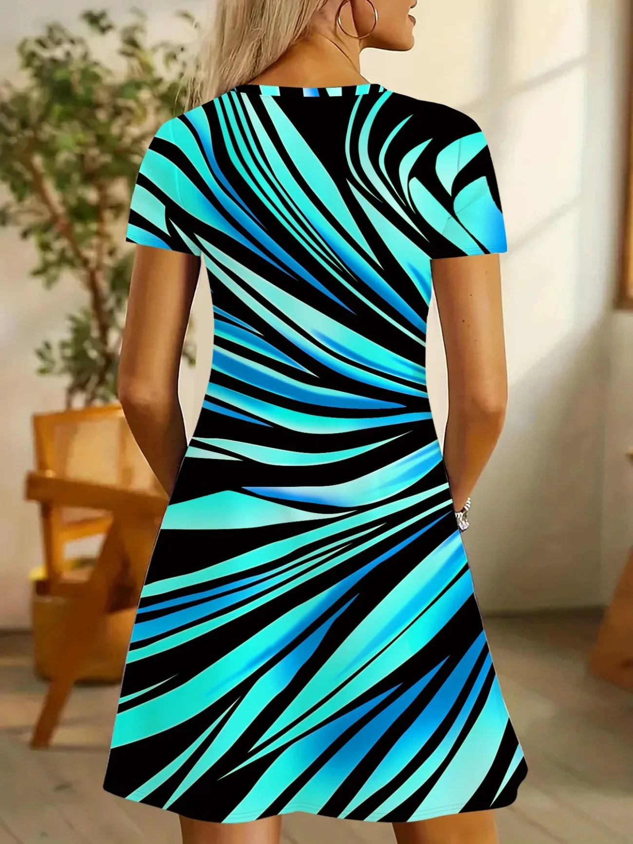 Women Abstract Short Sleeve Summer Dress V Neck Daily Casual Midi Fit & Flare Dress A-Line Dress